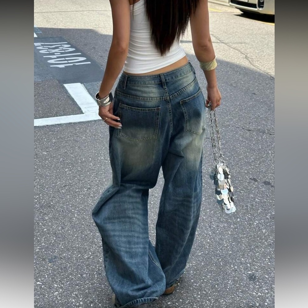 Dark Blue Denim Wide-Leg Jeans with distressed detail medium - Picture 3 of 9